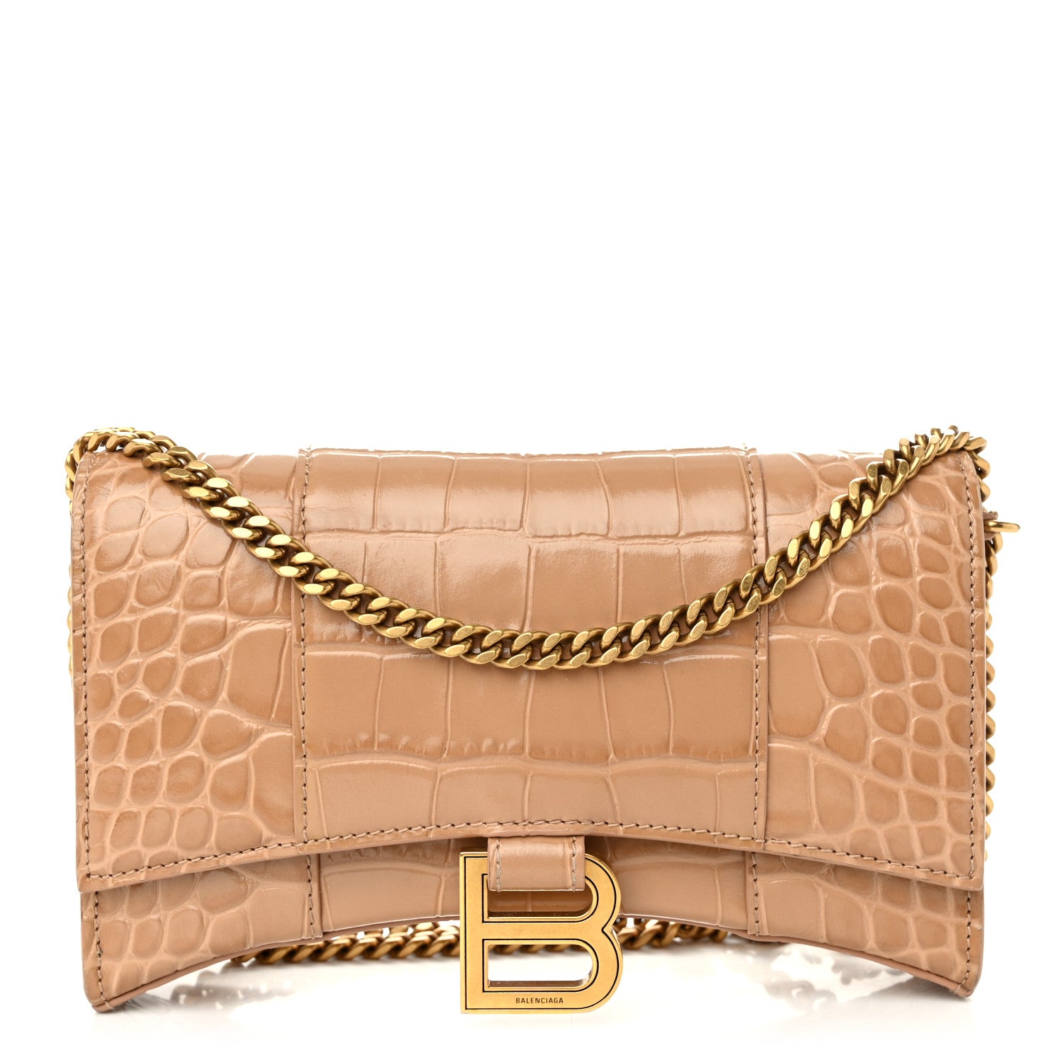 Balenciaga Shiny Calfskin Crocodile Embossed Hourglass Chain Bag Nude Beige 1 of 9