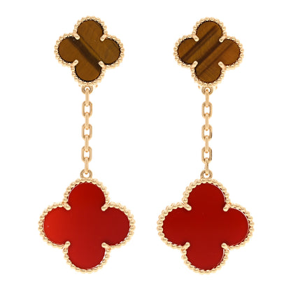 Van Cleef & Arpels 18K Yellow Gold Tiger Eye Carnelian 2 Motifs Magic Alhambra Earrings 1 of 5