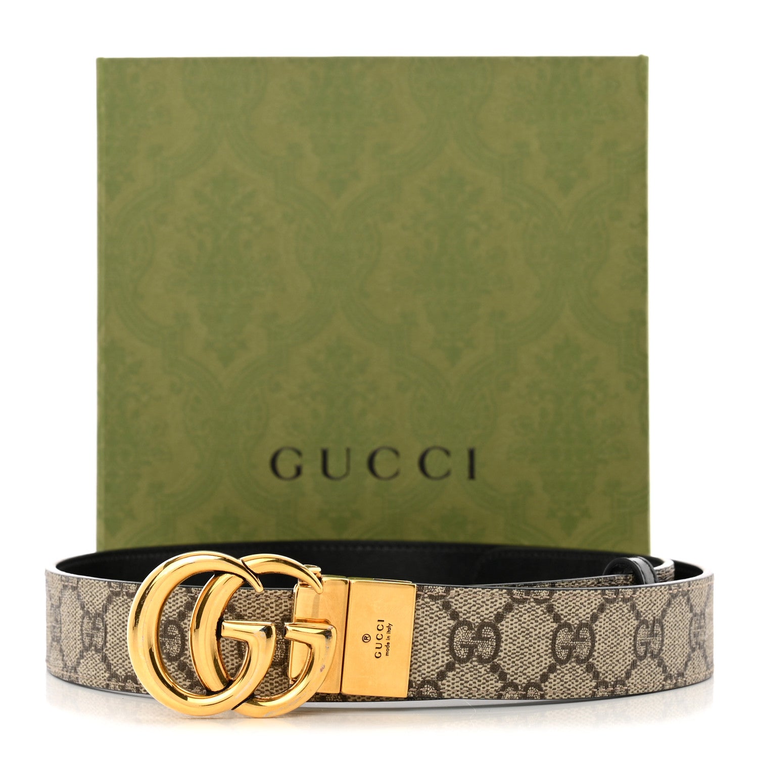 Gucci GG Supreme Monogram Plutone Calfskin Double G Reversible 30mm Belt 80 32 Beige Ebony Black 9 of 9
