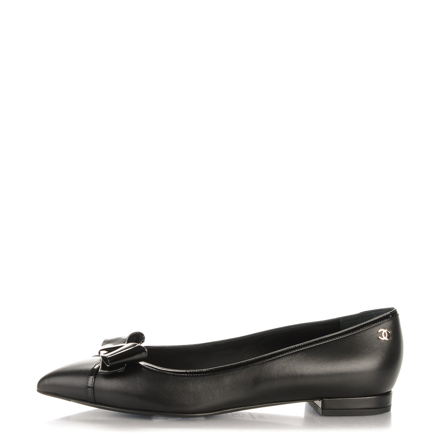 Lambskin Patent Pointed Toe Ballerina Bow Flats 38.5 Black