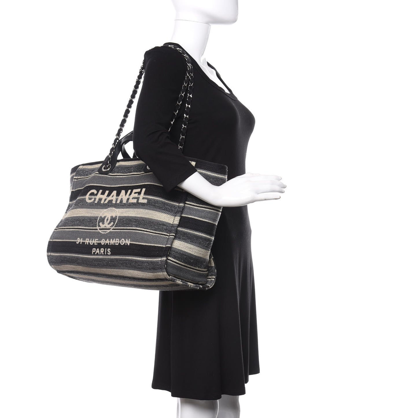 Striped Canvas Medium Deauville Tote Black