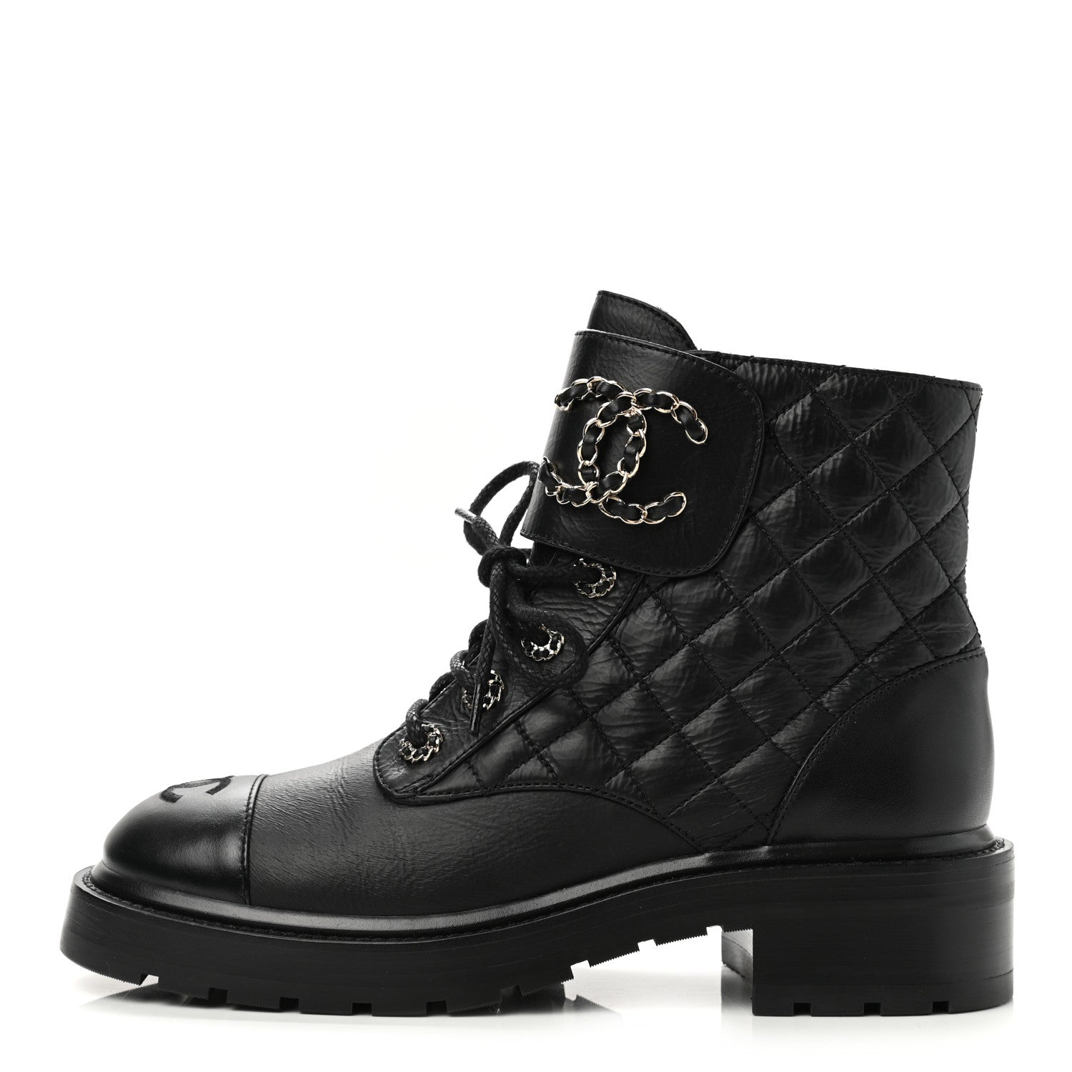 Chanel Shiny Lambskin Quilted Lace Up Combat Boots 38.5 Black 1 of 10