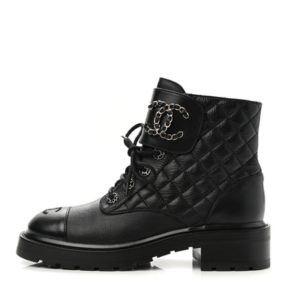 Chanel Shiny Lambskin Quilted Lace Up Combat Boots 38.5 Black 1 of 10