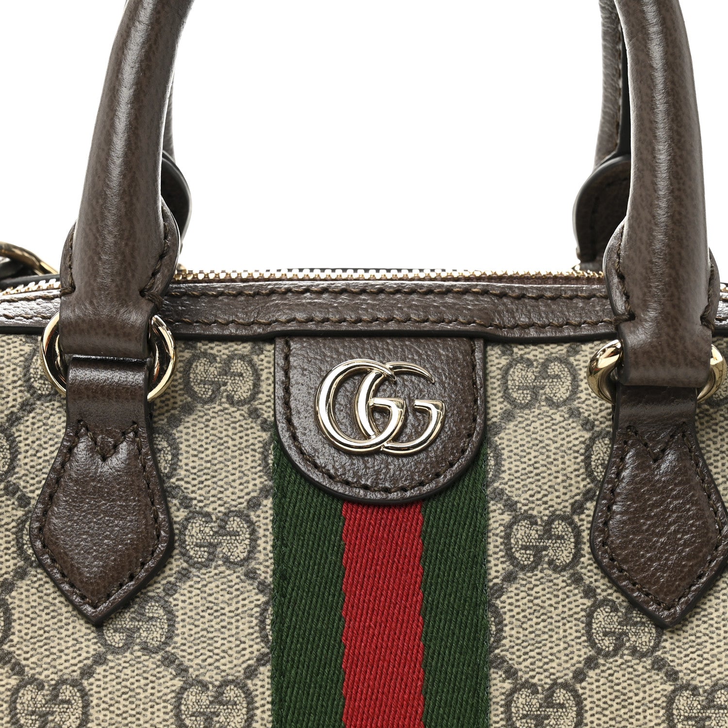 Gucci GG Supreme Monogram Textured Dollar Calfskin Web Mini Ophidia Top Handle Bag Beige Ebony New Acero 8 of 10