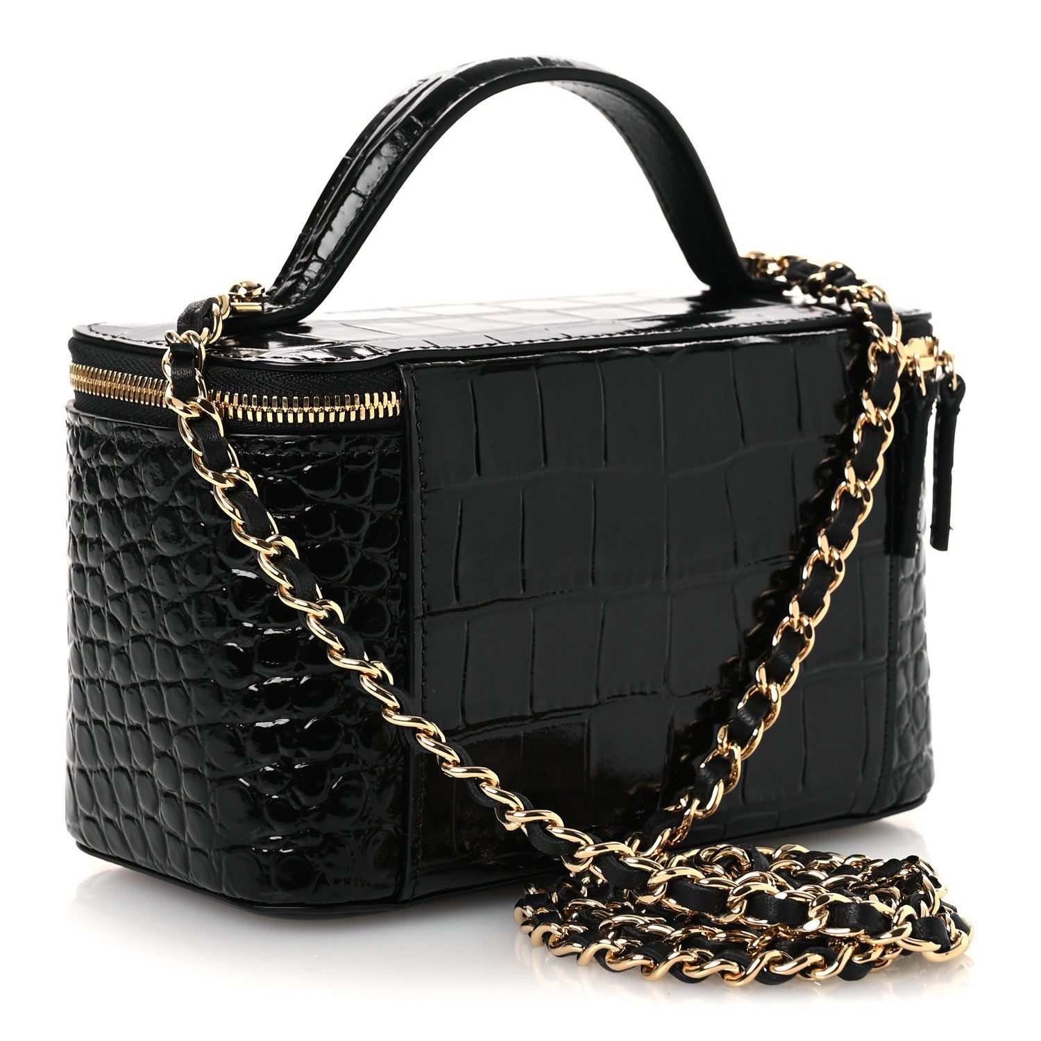 Chanel Calfskin Crocodile Embossed Crococo Small Top Handle Vanity Case With Chain Black 3 of 14