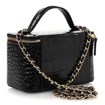 Chanel Calfskin Crocodile Embossed Crococo Small Top Handle Vanity Case With Chain Black 3 of 14