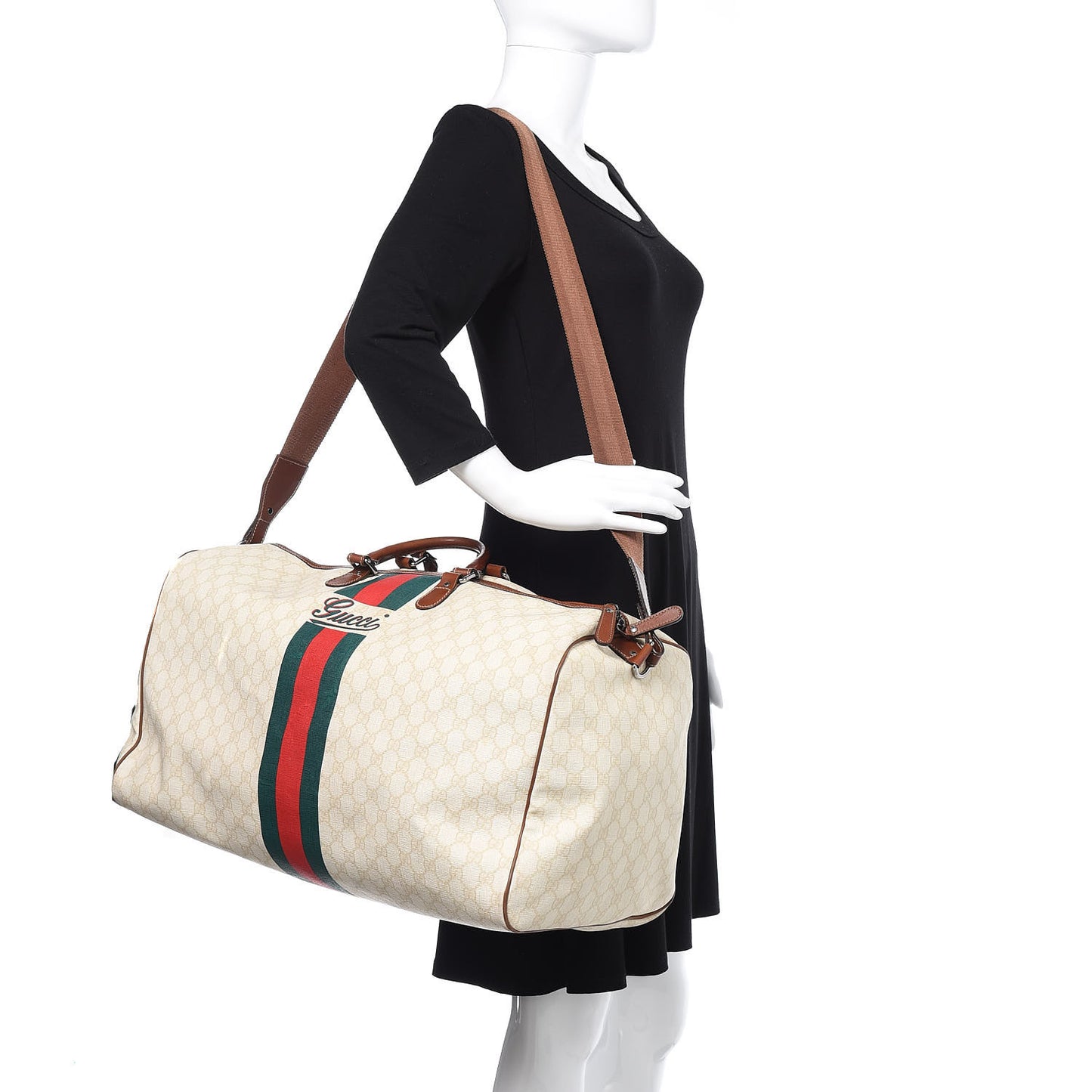 GG Plus Monogram Web Stripe Large Carry On Duffle Tan