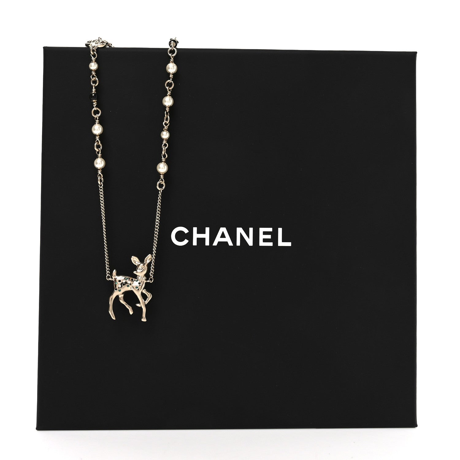 Chanel Metal Crystal Pearl Deer Pendant Necklace Green Black Gold 5 of 5