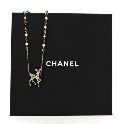 Chanel Metal Crystal Pearl Deer Pendant Necklace Green Black Gold 5 of 5