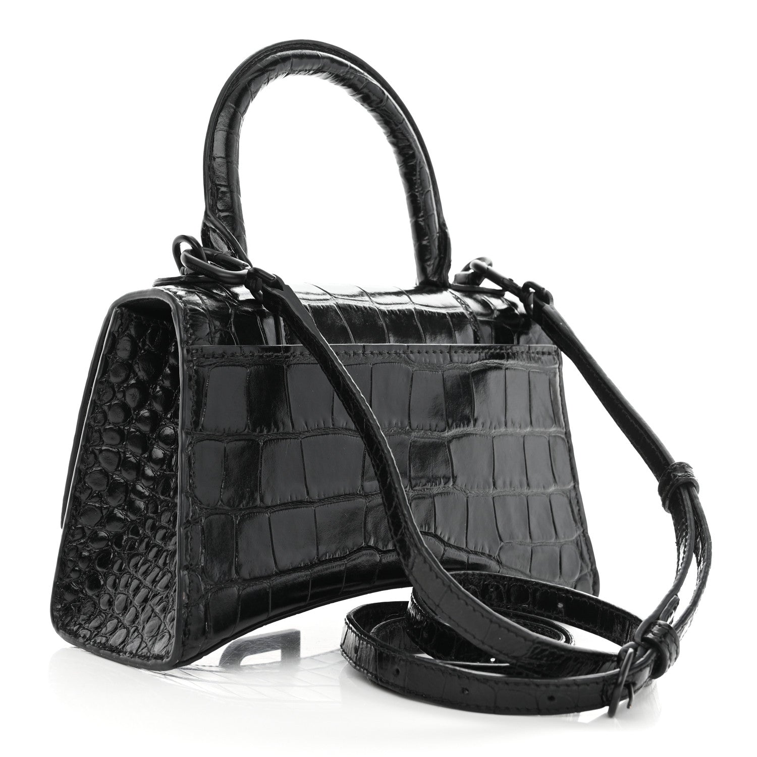 Balenciaga Shiny Calfskin Monochrome Crocodile Embossed Hourglass Top Handle Bag XS Black 3 of 9