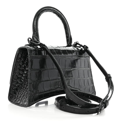 Balenciaga Shiny Calfskin Monochrome Crocodile Embossed Hourglass Top Handle Bag XS Black 3 of 9