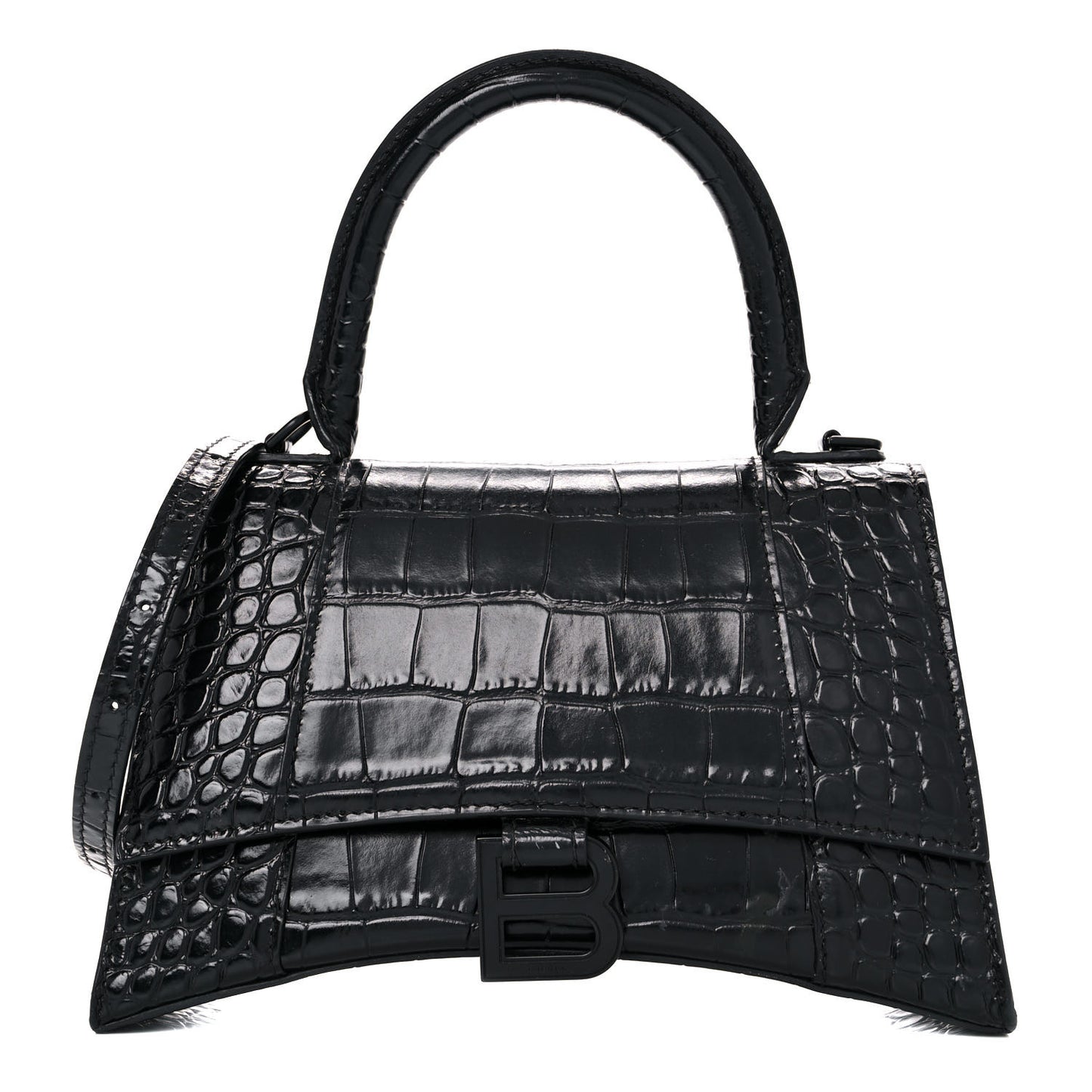 Shiny Calfskin Monochrome Crocodile Embossed Small Hourglass Top Handle Bag Black