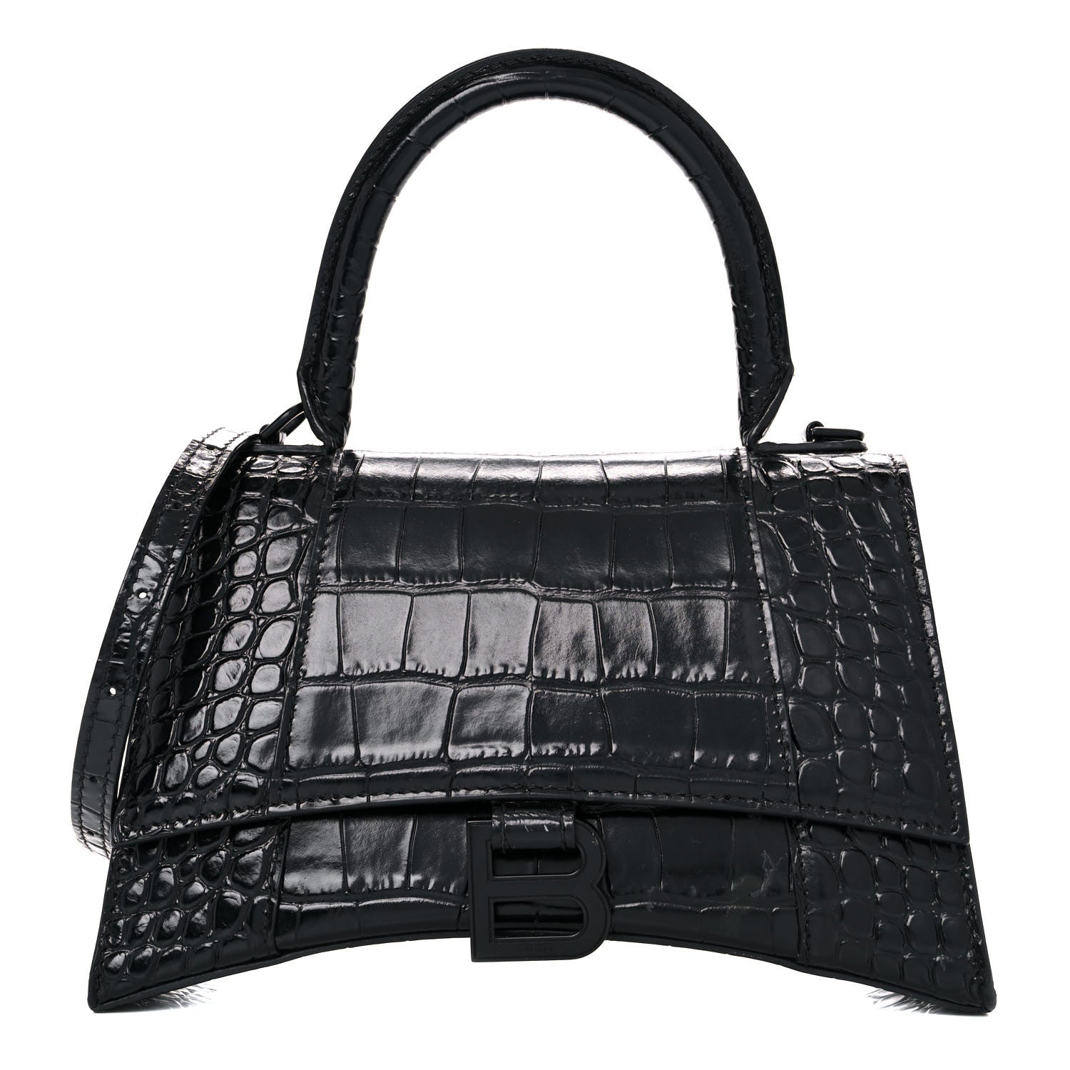 Balenciaga Shiny Calfskin Monochrome Crocodile Embossed Small Hourglass Top Handle Bag Black 1 of 21