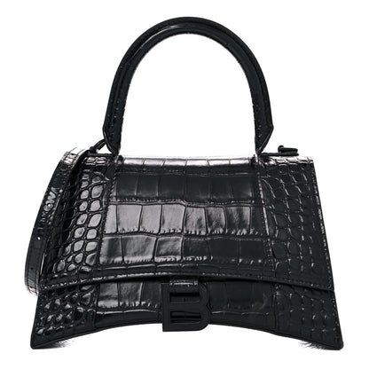 Balenciaga Shiny Calfskin Monochrome Crocodile Embossed Small Hourglass Top Handle Bag Black 1 of 21