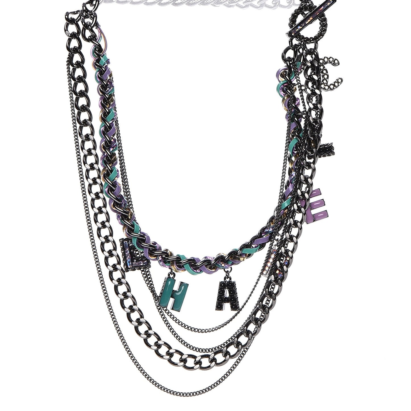 Ruthenium PVC Enamel CC Multi Strand Chain Link Choker Necklace Silver Multi