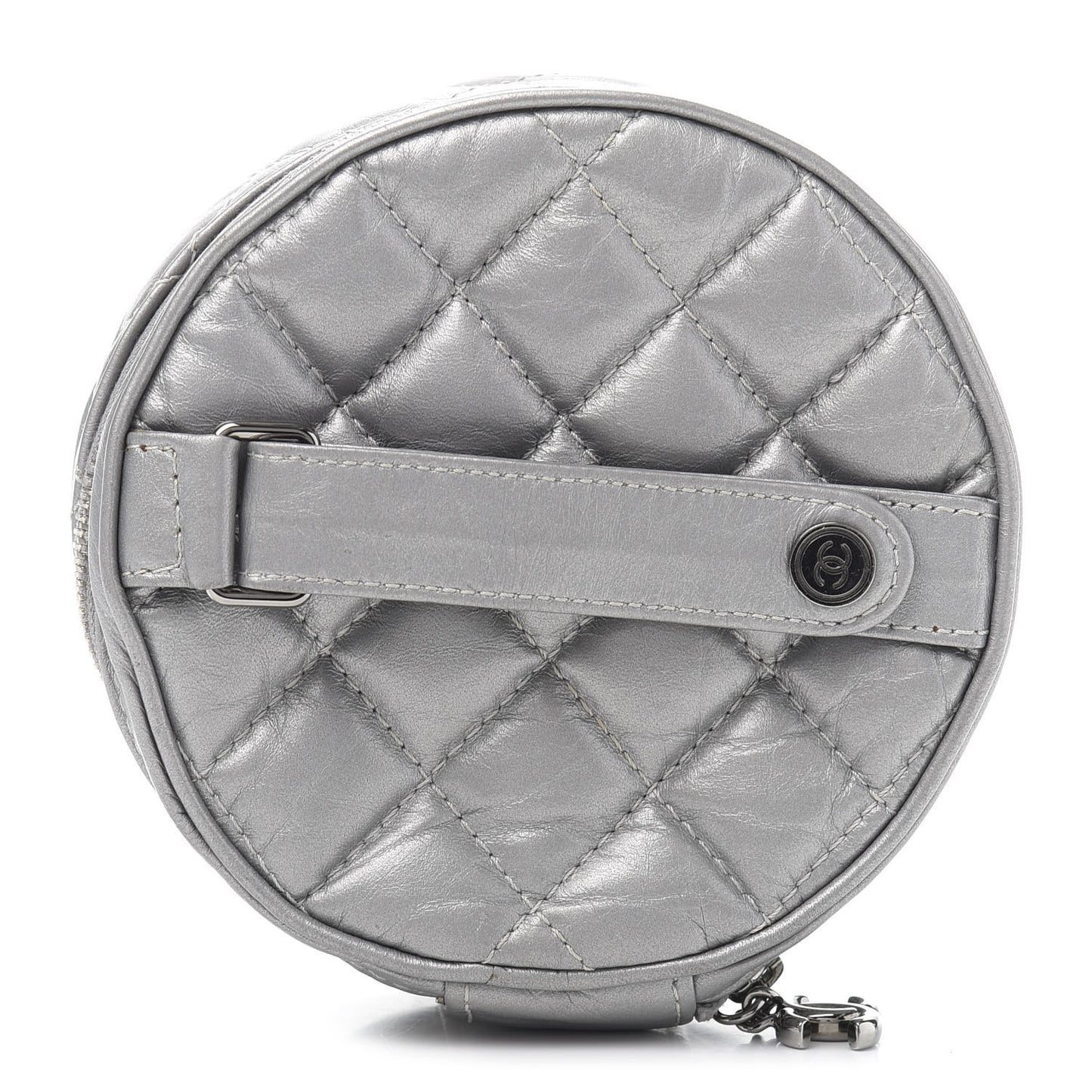 Metallic Aged Calfskin Quilted Round Bag Silver