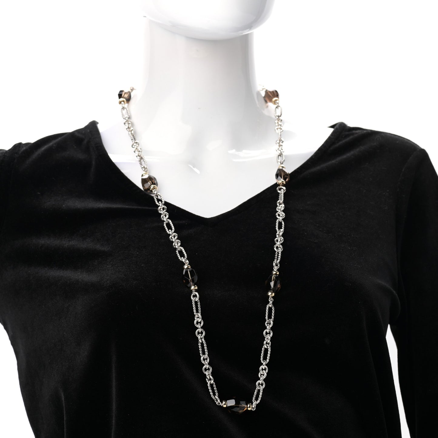 Sterling Silver 18K Yellow Gold Smoky Quartz Figaro Station Link Necklace