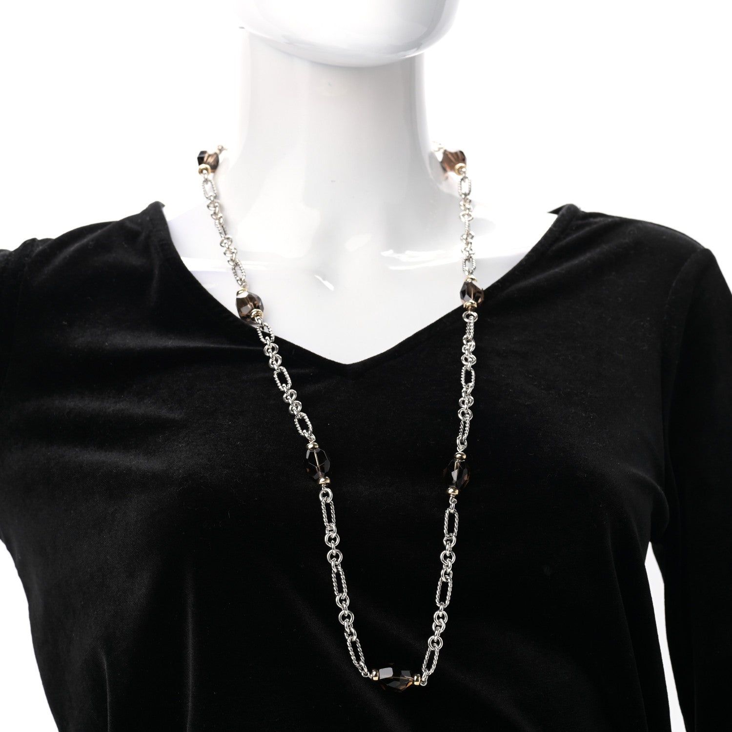 David Yurman Sterling Silver 18K Yellow Gold Smoky Quartz Figaro Station Link Necklace 2 of 4