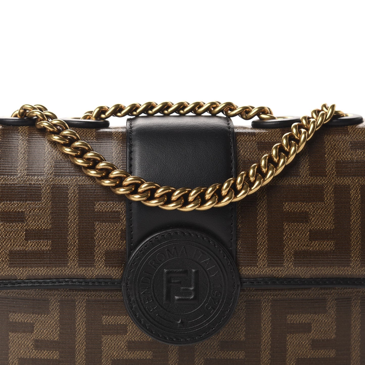 Glazed Fabric Vitello Century FF 1974 Stamp Patch Mini Double F Crossbody Bag Mogano Panna Black