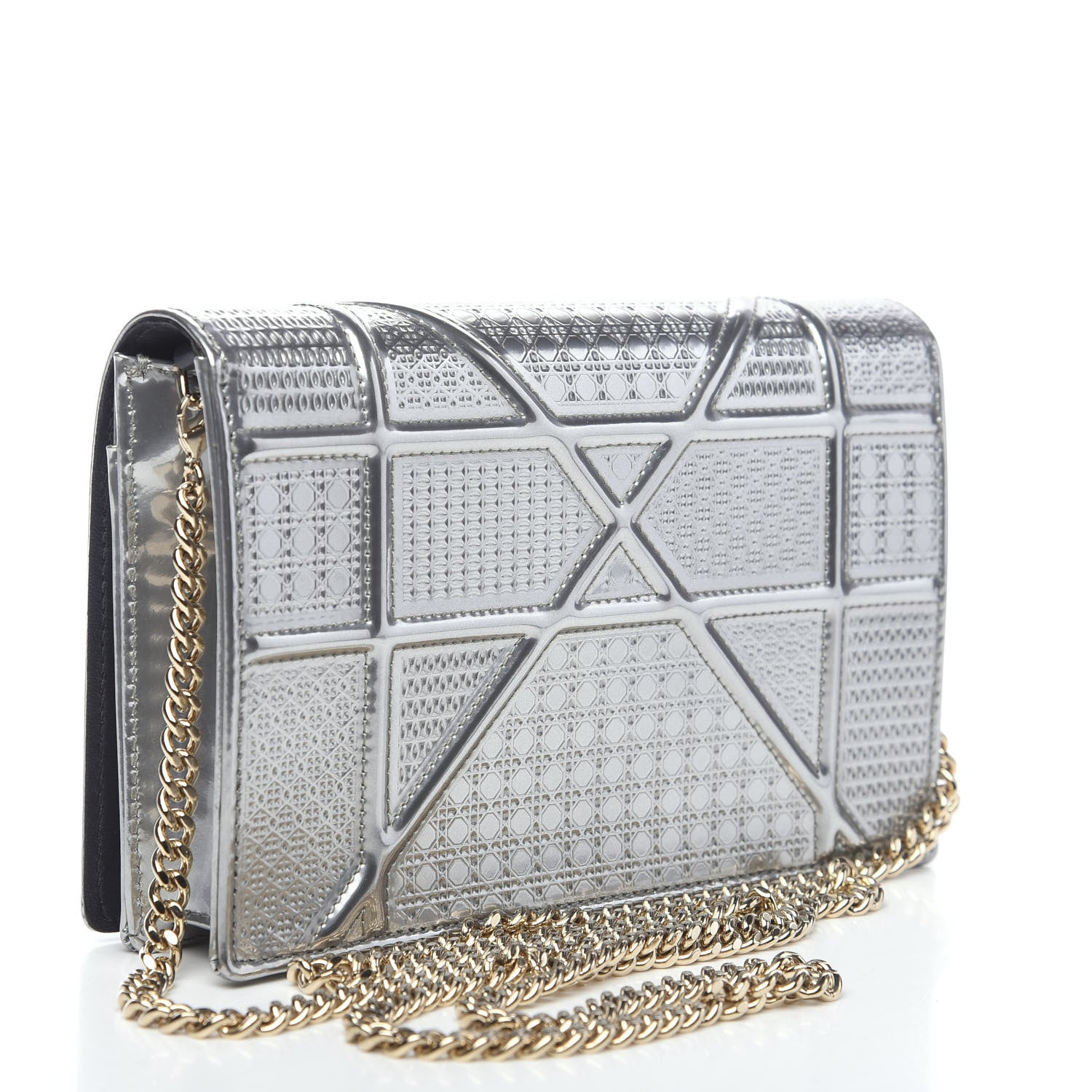 Christian Dior Metallic Patent Micro-Cannage Diorama Wallet on Chain Pouch Silver 2 of 9