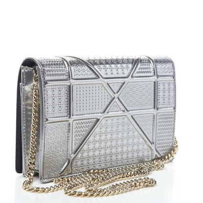 Christian Dior Metallic Patent Micro-Cannage Diorama Wallet on Chain Pouch Silver 2 of 9