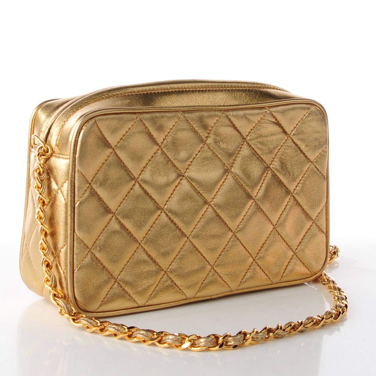 Metallic Lambskin Quilted Small Tassel Camera Case Gold