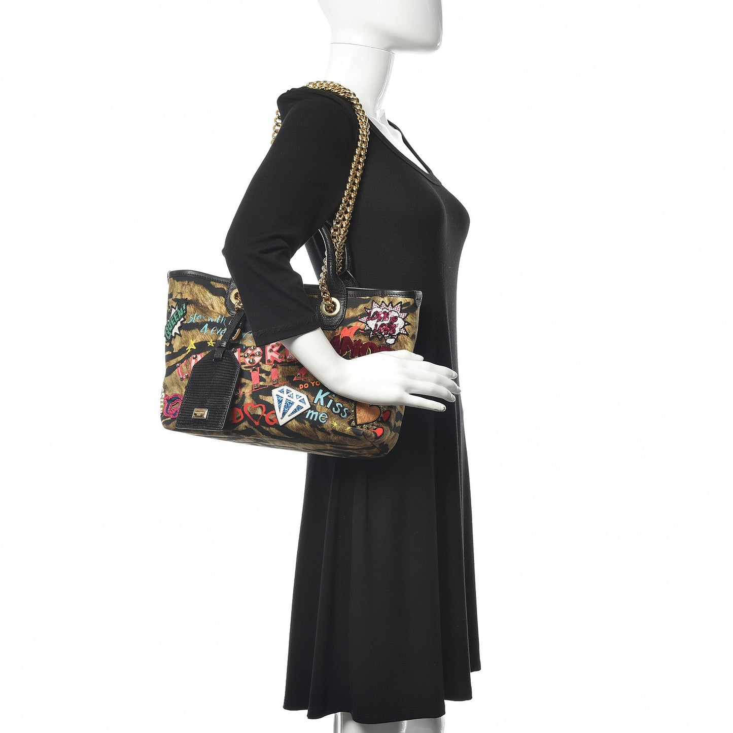 Leopard Print Graffiti Printed Iguana Amore Tote Black Multicolor