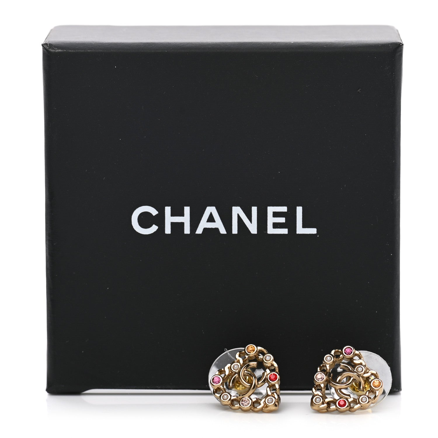 Chanel Pearl Crystal CC Heart Earrings Gold Multicolor 7 of 7