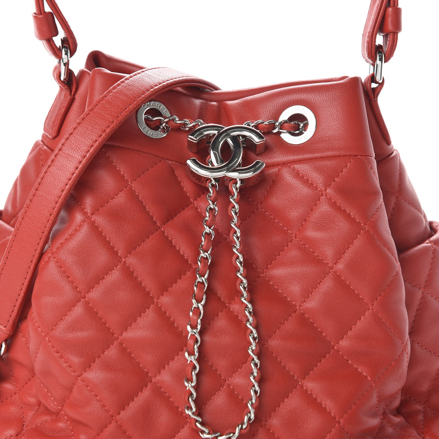 Chanel Lambskin Quilted Small CC Chain Drawstring Bucket Bag Red 10 of 10