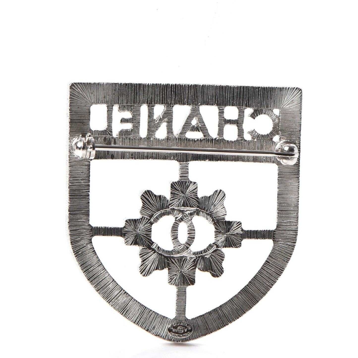 Swarovski Baguette Crystal CC Shield Brooch Silver