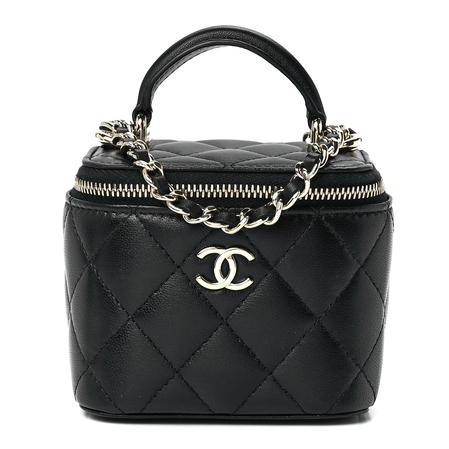 Lambskin Quilted Top Handle Mini Vanity Case With Chain Black