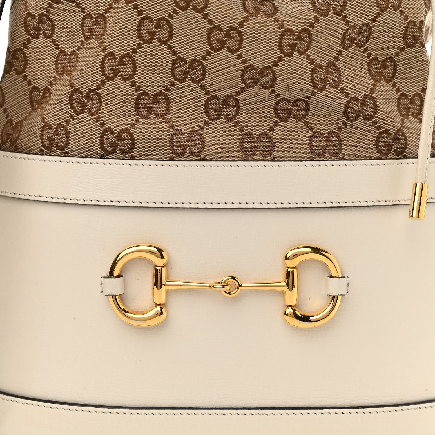 Gucci Monogram Textured Calfskin Horsebit 1955 Drawstring Bucket Bag Beige Mystic White 9 of 11