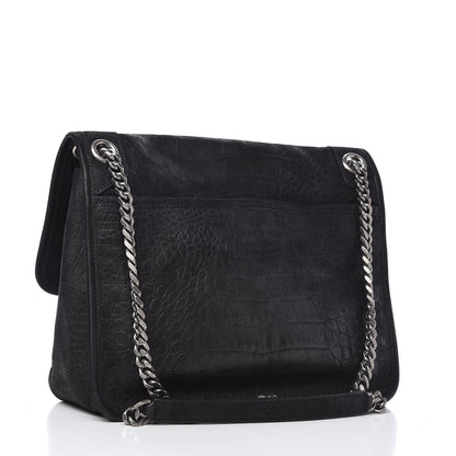 Saint Laurent Nubuck Crocodile Embossed Monogram Medium Niki Chain Satchel Black 3 of 10
