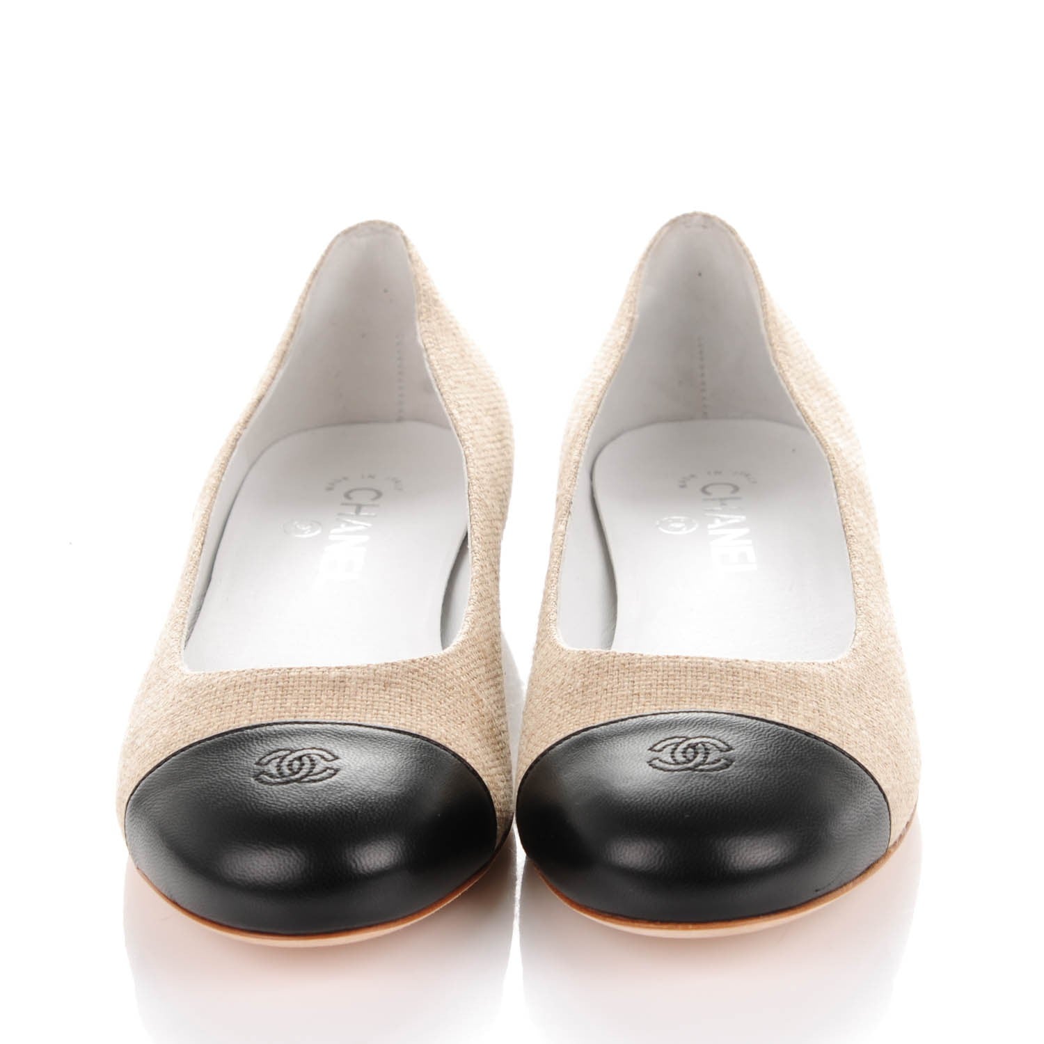 Chanel Linen Lambskin Cap Toe Ballerina Flats 39 Beige Black 2 of 8