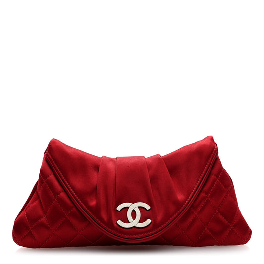 Satin Quilted Half Moon Clutch Red