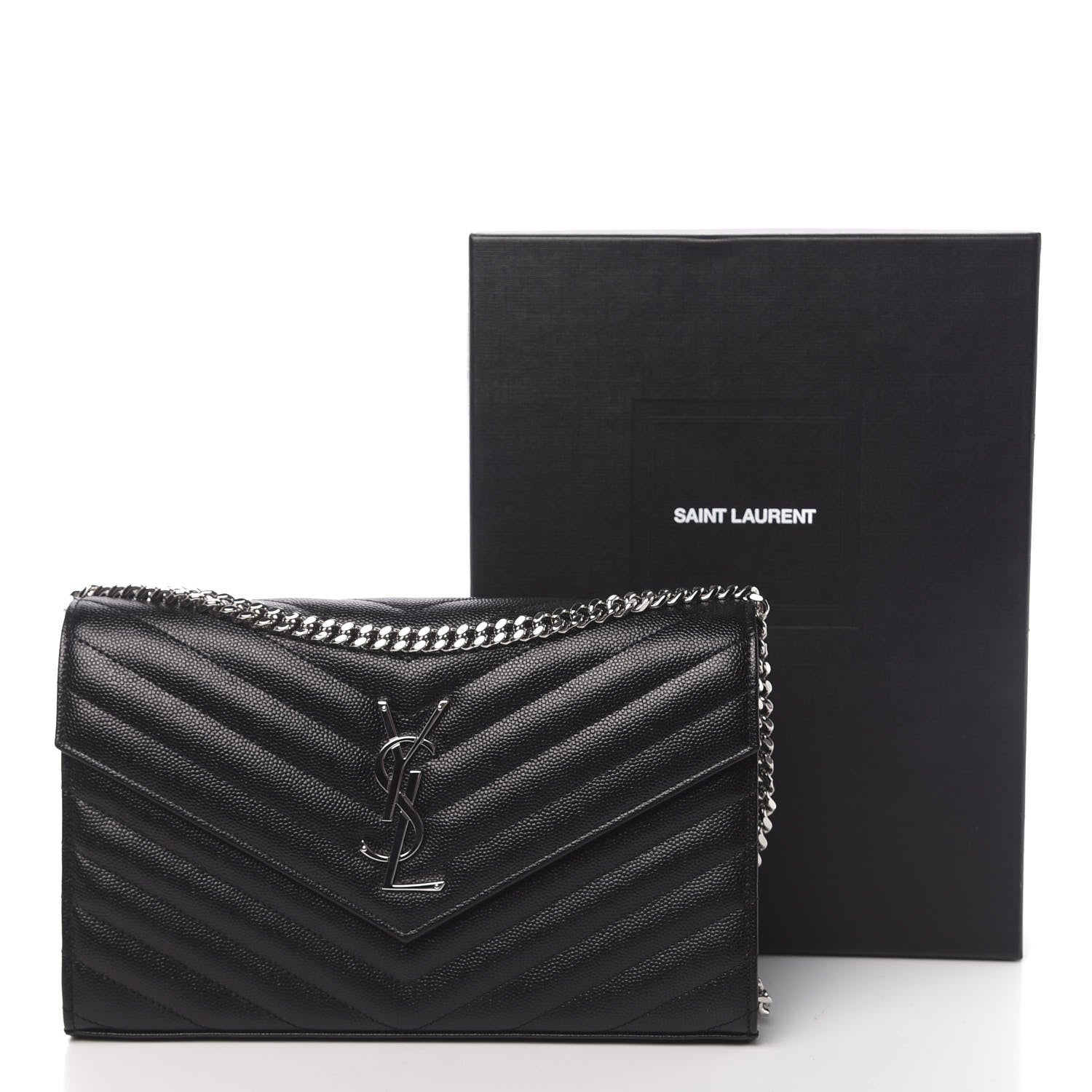 Saint Laurent Grain De Poudre Matelasse Chevron Monogram Chain Wallet Black 11 of 11