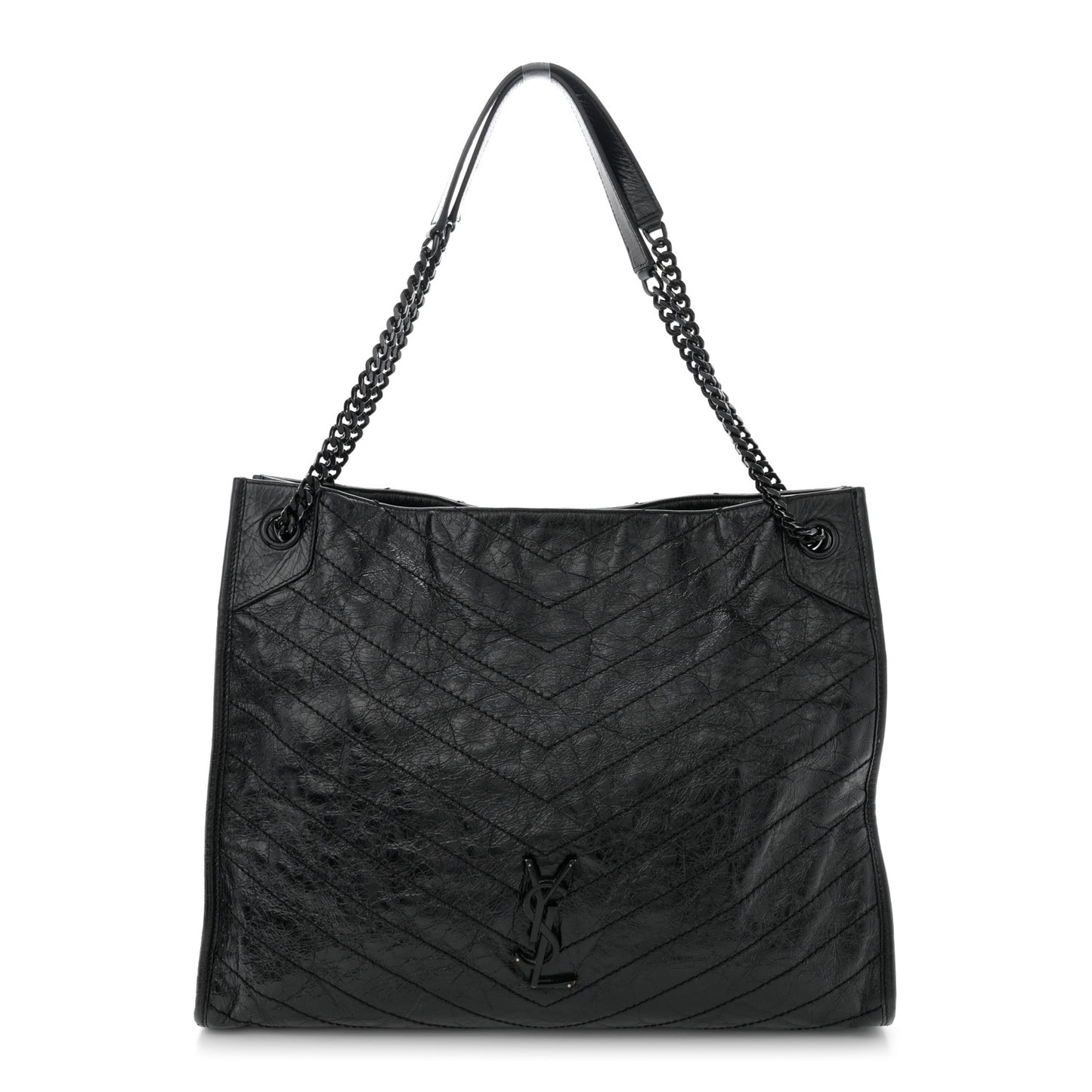 Crinkled Calfskin Matelasse Monogram Large Niki Shopper Tote Black