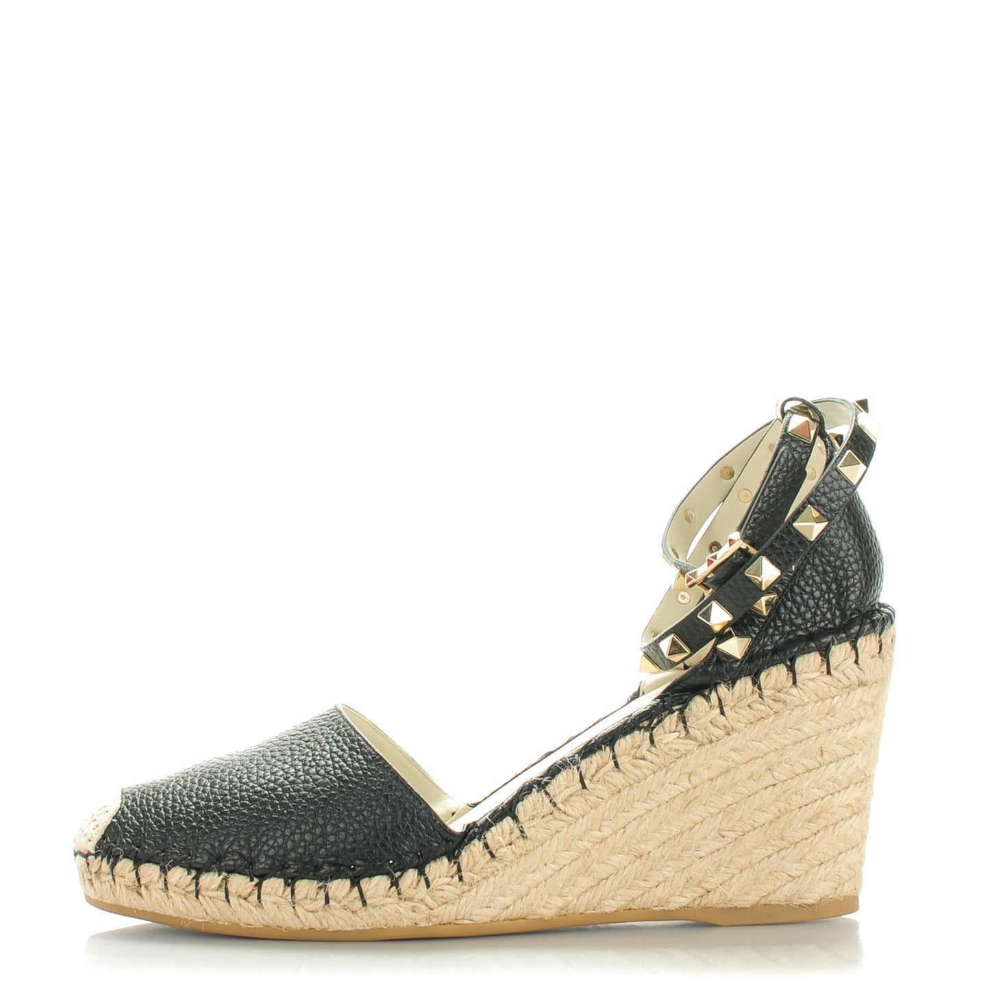 Grained Calfskin Rockstud Ankle Wrap Espadrille 15/85mm Wedges 40 Black Light Ivory