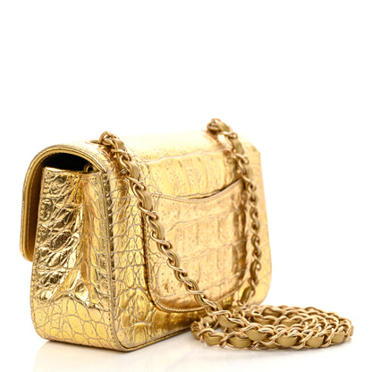 Chanel Metallic Calfskin Crocodile Embossed Cocodile Rectangular Mini Flap Gold 3 of 13