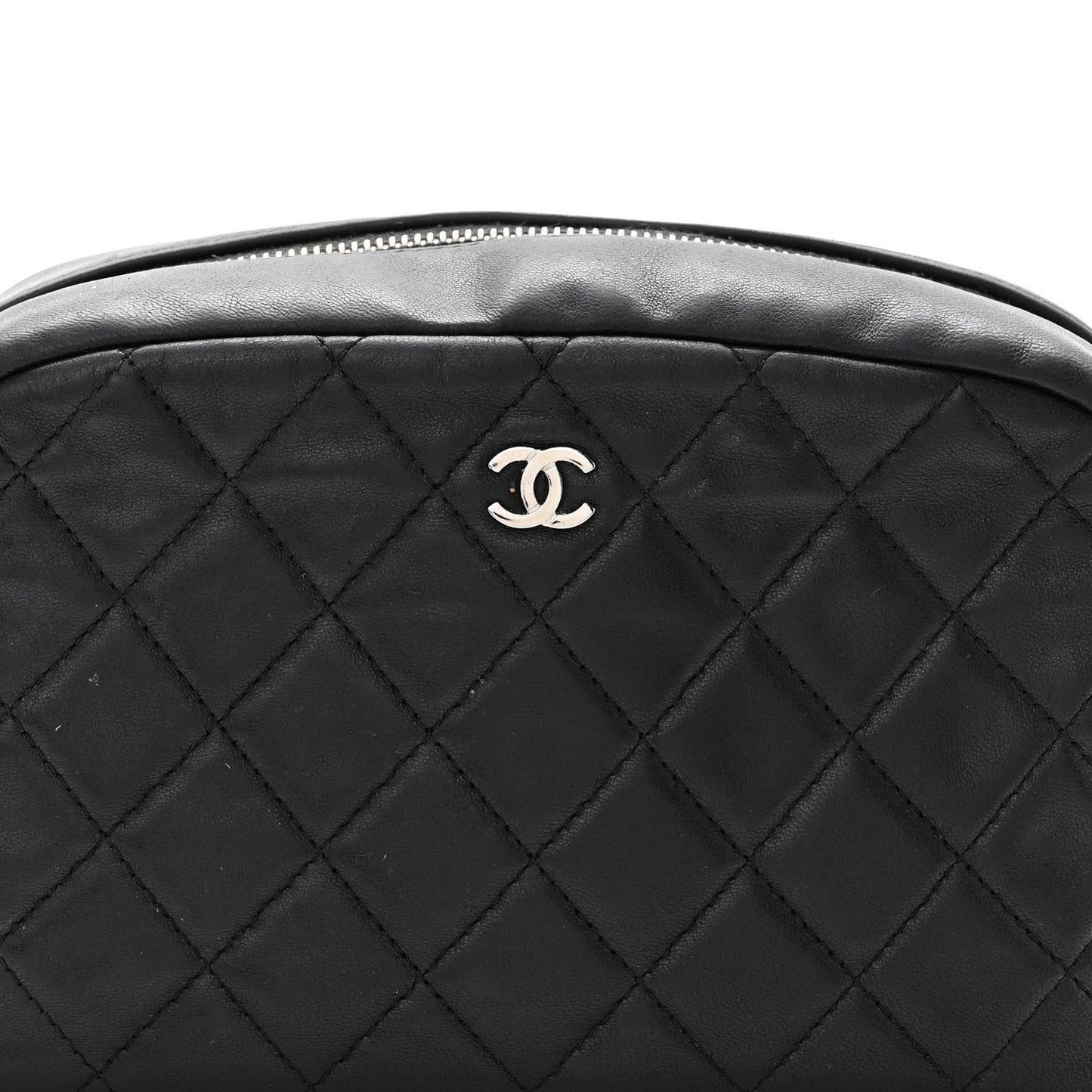 Lambskin Quilted Medium Curvy Pouch Cosmetic Case Black