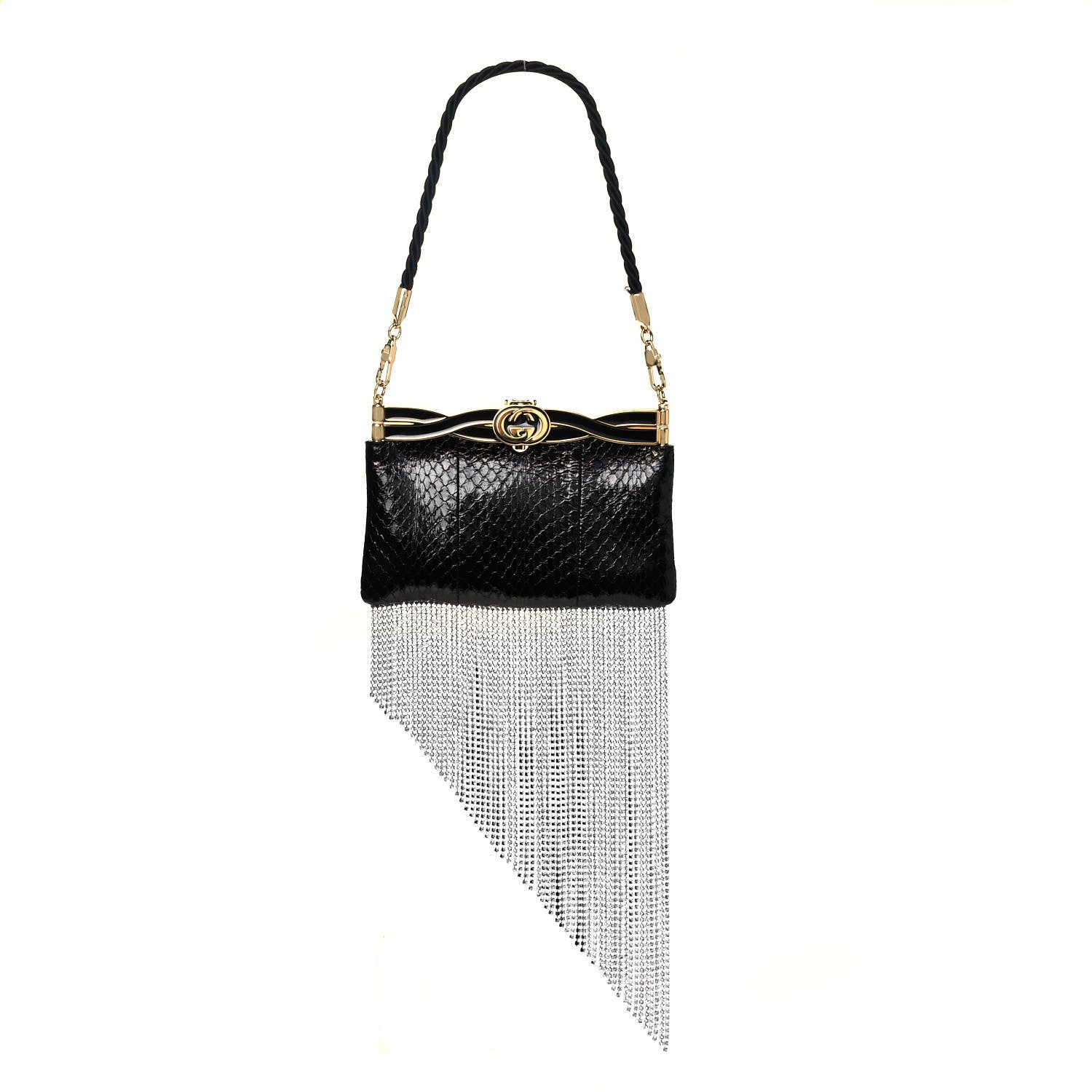 Gucci Snakeskin Crystal Fringe Broadway Evening Clutch Bag Black 1 of 10