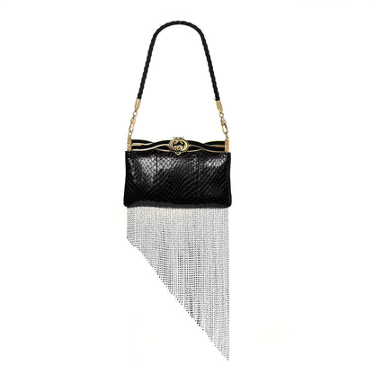 Gucci Snakeskin Crystal Fringe Broadway Evening Clutch Bag Black 1 of 10