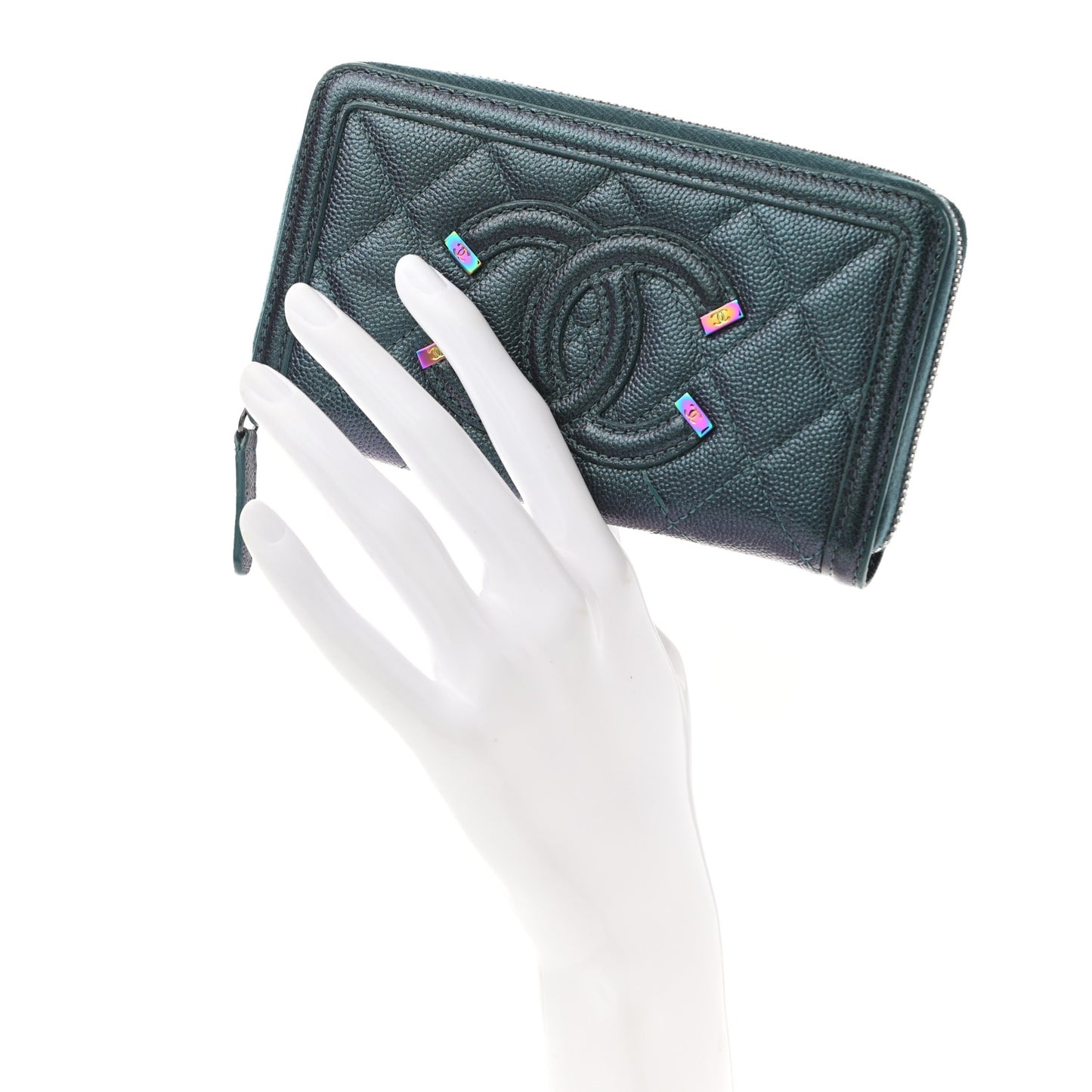 Iridescent Caviar Quilted Medium Filigree Zip Around Wallet Dark Turquoise