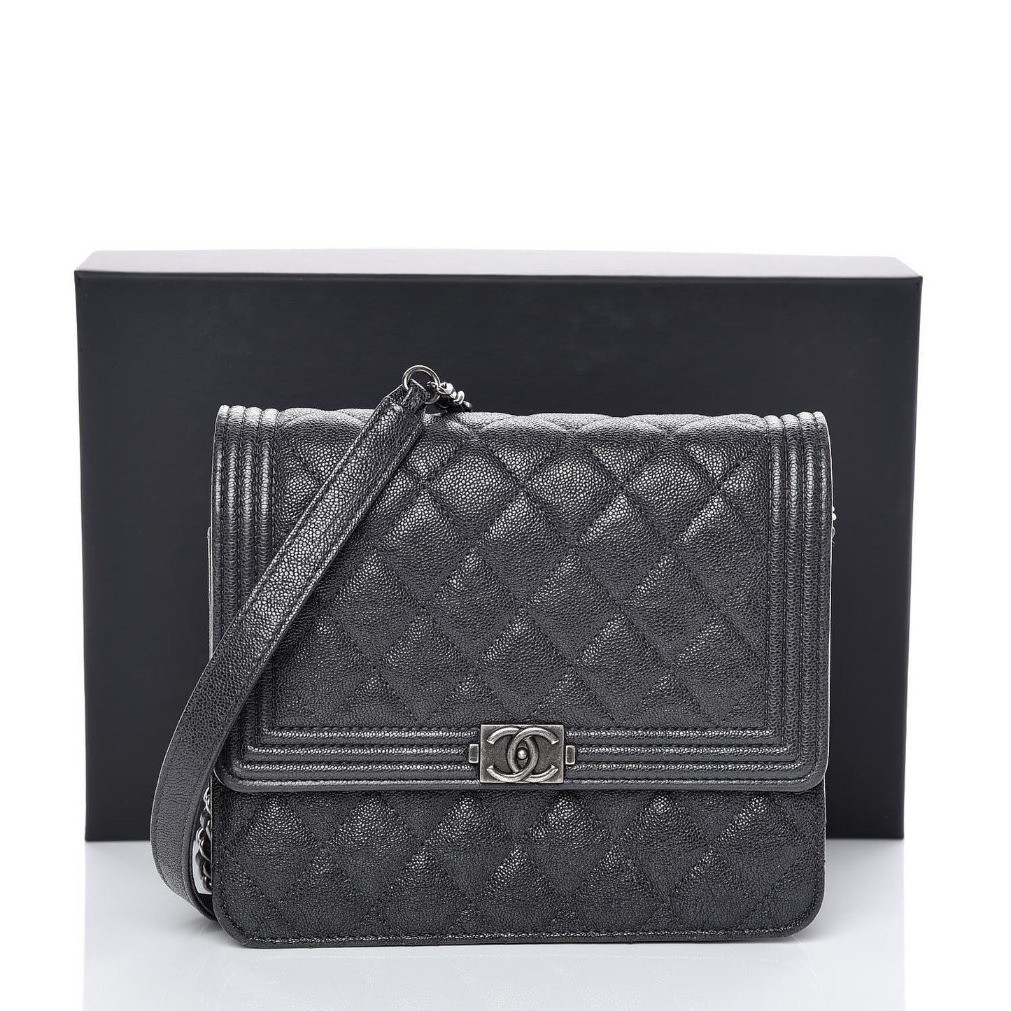 Caviar Quilted Square Boy Wallet On Chain WOC Charcoal