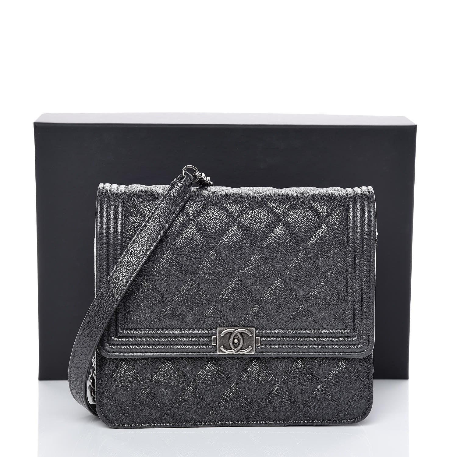 Chanel Caviar Quilted Square Boy Wallet On Chain WOC Charcoal 11 of 11
