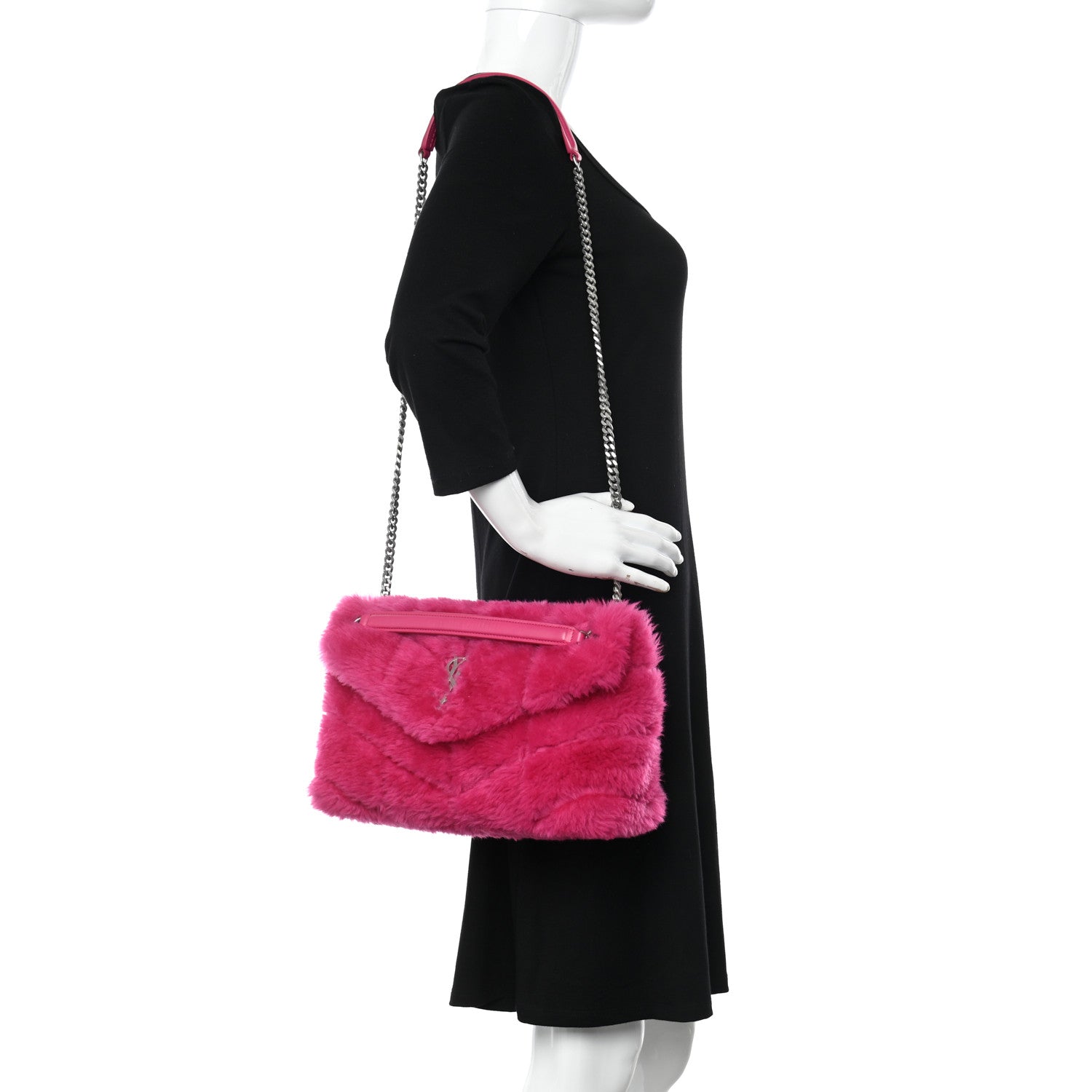 Saint Laurent Merino Shearling Lambskin Quilted Small Loulou Puffer Monogram Chain Satchel Fuchsia 2 of 9