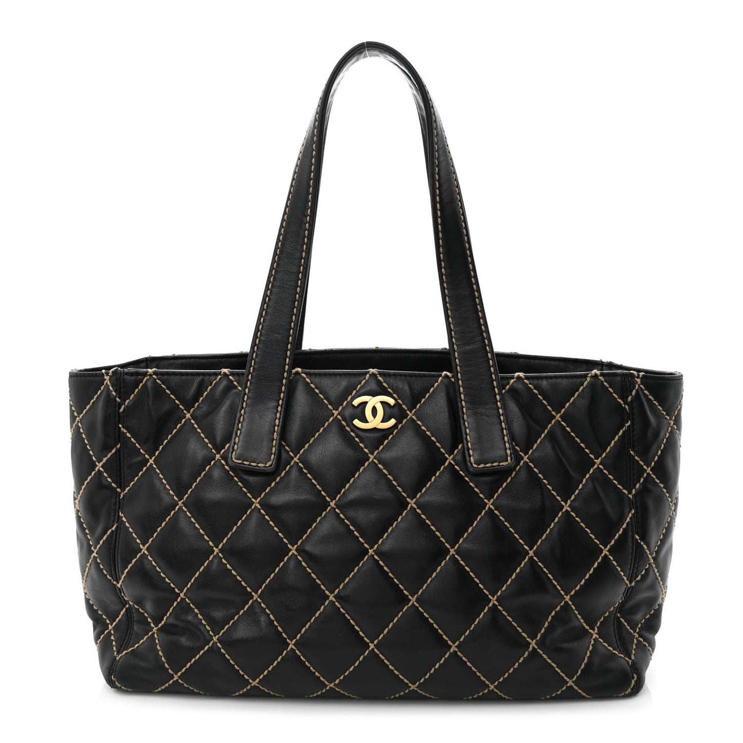 Calfskin Contrast Stitch Surpique Tote Black