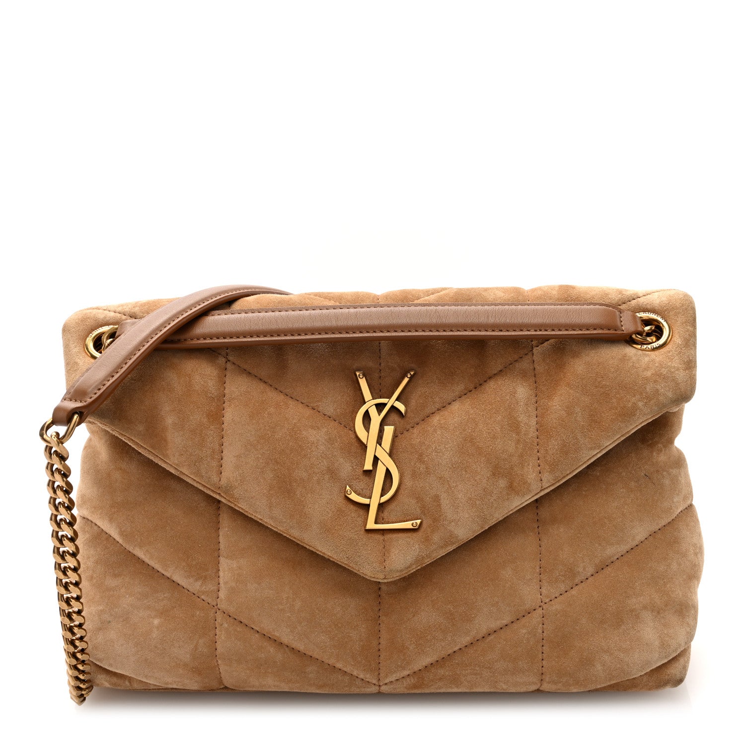 Saint Laurent Suede Calfskin Quilted Small Loulou Puffer Monogram Chain Satchel Cinnamon 1 of 9