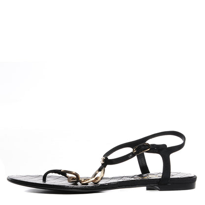 Chanel Leather CC Chain Thong Sandals 39.5 Black Gold 1 of 7