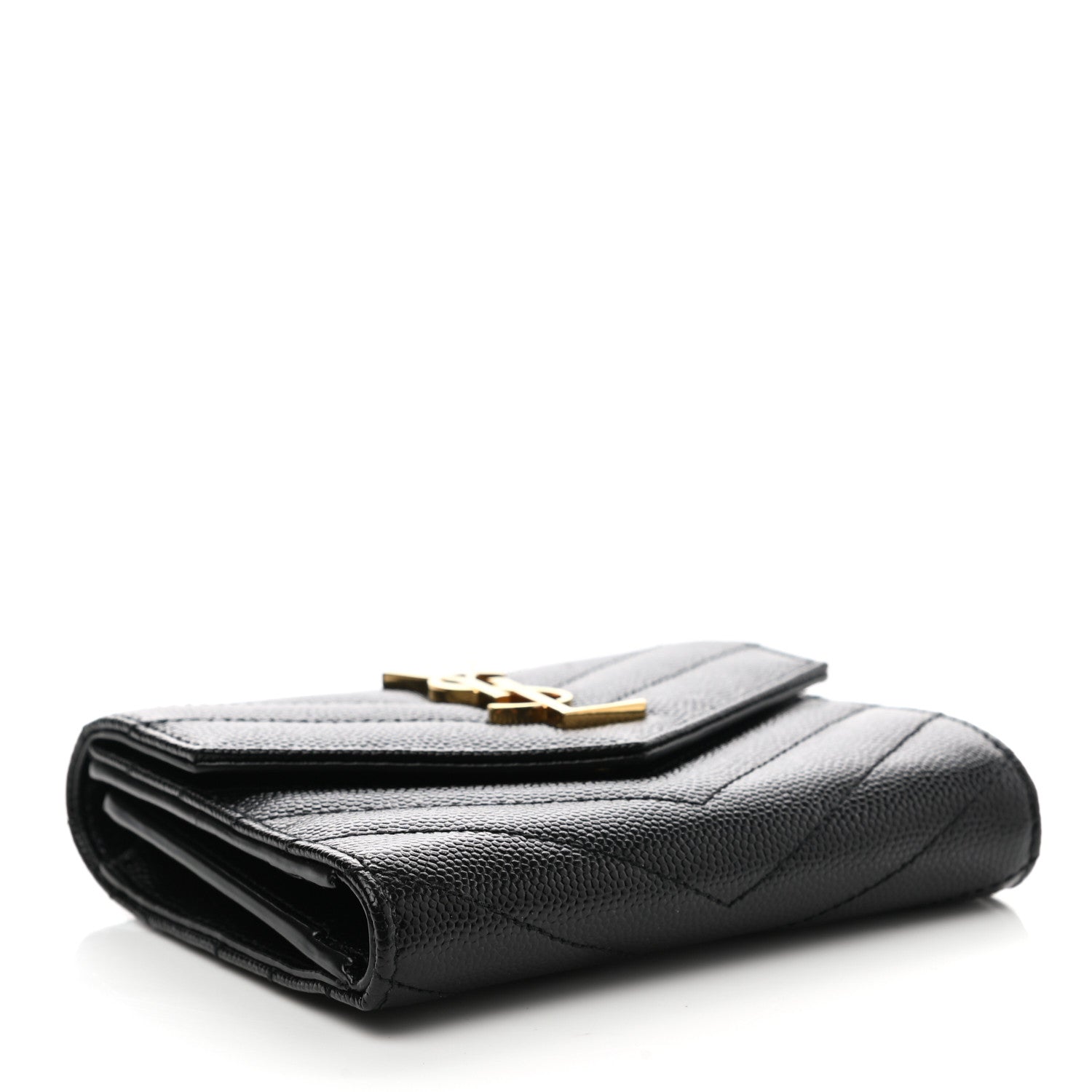 Saint Laurent Grain De Poudre Matelasse Chevron Monogram Compact Tri Fold Wallet Black 4 of 7